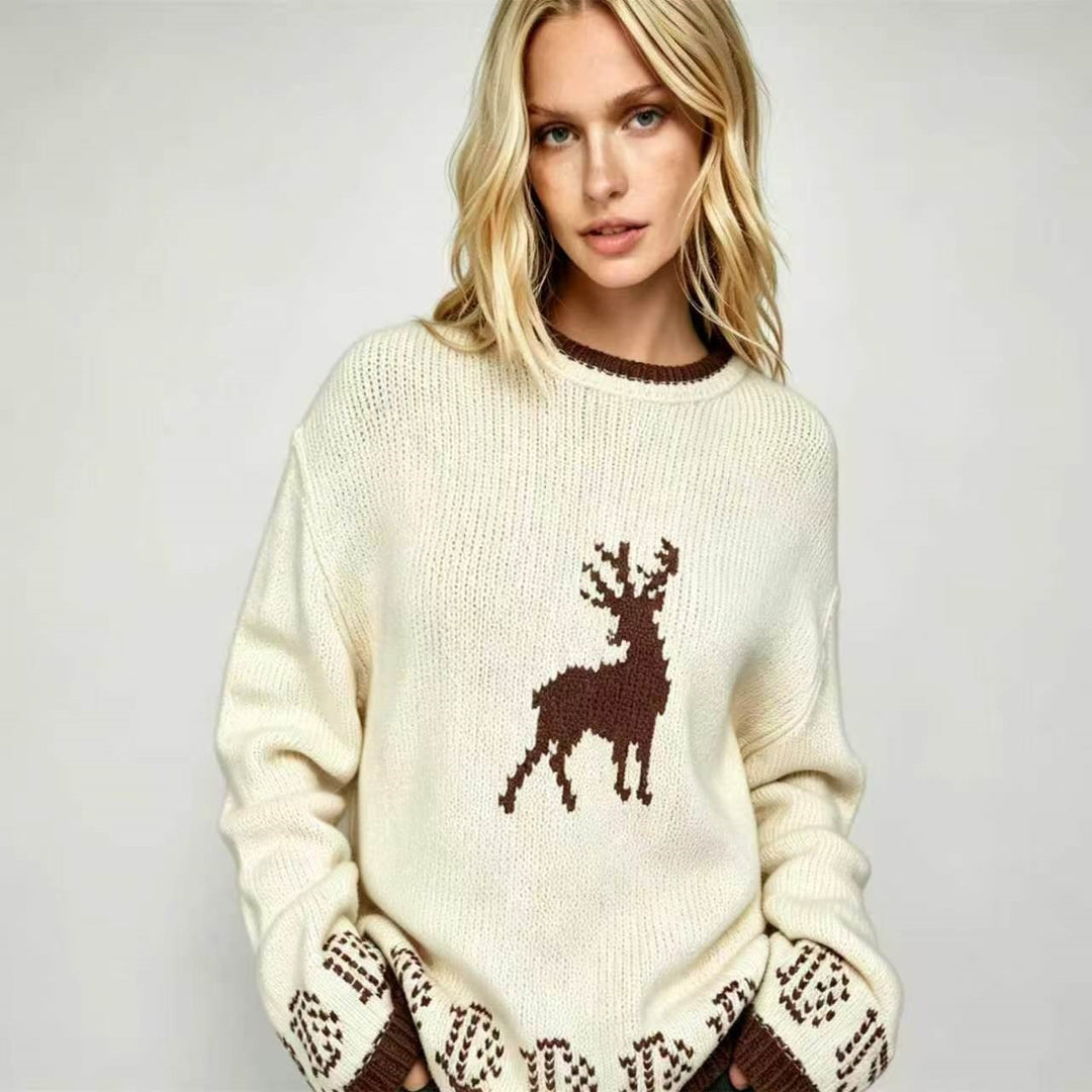 Damen Oversize Strickpullover mit Hirschintarsie, Rundhalsausschnitt und Norwegerbündchen Drune