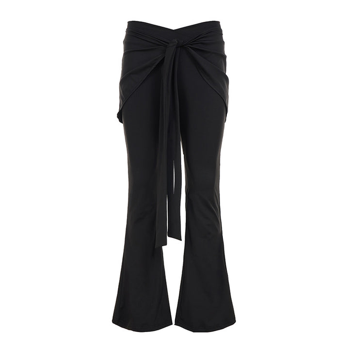 Damen High‑Waist Schlaghose mit Wickelrock-Overlay und Bindegürtel Drune
