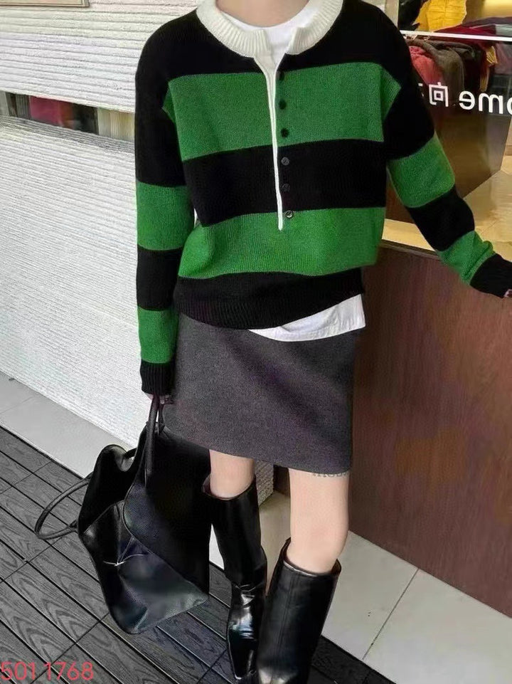 Damen kurzärmliger Strickpullover mit Knopfleiste und Kontraststreifen Drune
