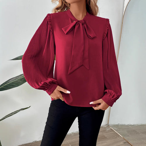 Damen Elegante Chiffon-Bluse mit Schleifenkragen und Plissee-Ärmeln Drune