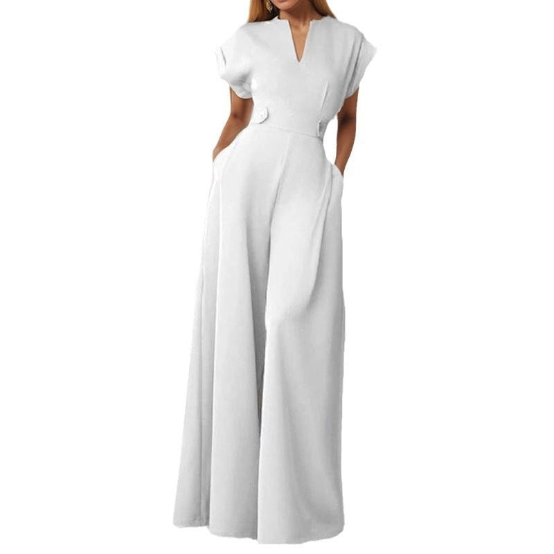 Damen Eleganter Jumpsuit mit tiefem V-Ausschnitt und weitem Bein Drune