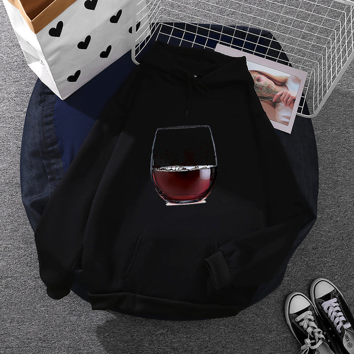 Damen nan lässiger Kapuzenhoodie mit fotorealistischer Weinglas‑Grafik, Kängurutasche und weichem Fleece Drune