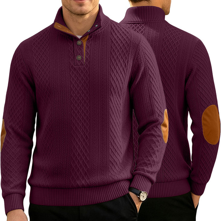 Herren Kabelstrick Troyer Pullover mit Stehkragen und Lederoptik-Ellbogen-Patches Drune