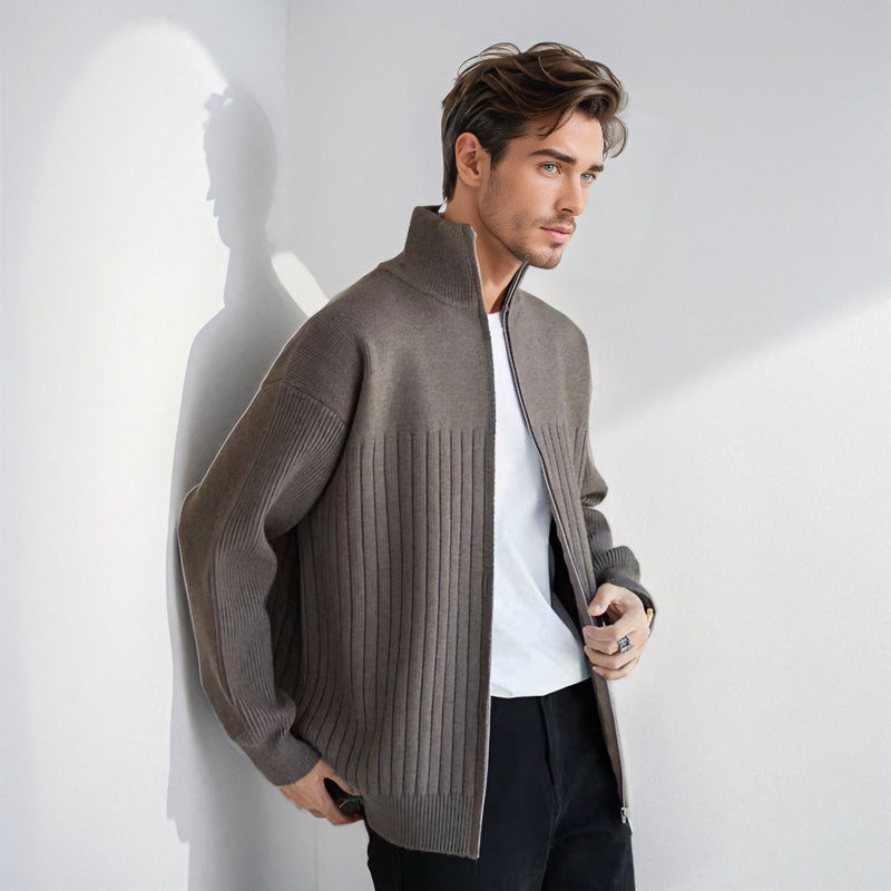 Herren Halbzip-Strickpullover mit hohem Stehkragen und breitem Rippenmuster Drune