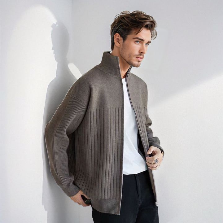 Herren Halbzip-Strickpullover mit hohem Stehkragen und breitem Rippenmuster Drune