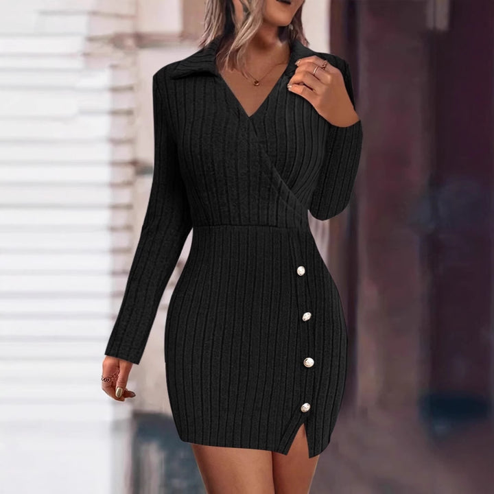 Damen Strick-Wickelkleid mit Eleganten Knöpfen Drune