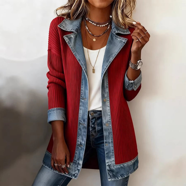 Damen Lange Strickjacke mit Denim-Kragen und Denim-Besatz Drune