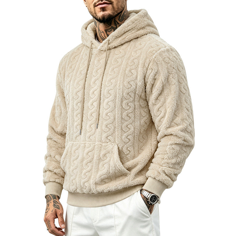 Herren Teddy-Fleecepullover mit Zopfmuster, Kapuze und Kängurutasche Drune