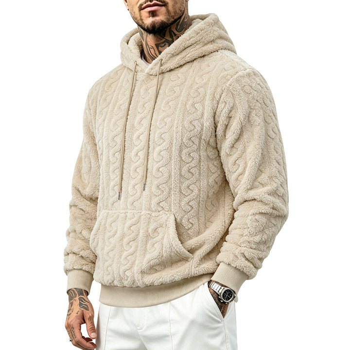 Herren Teddy-Fleecepullover mit Zopfmuster, Kapuze und Kängurutasche Drune