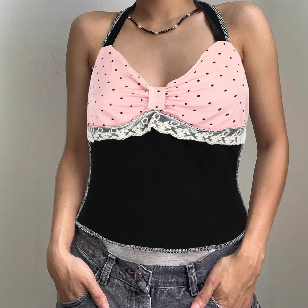Damen Haltertop mit romantischem Spitzendetail und elegantem Polka-Dot-Muster Drune