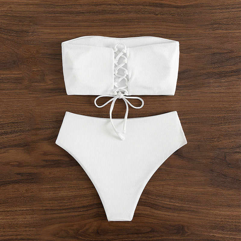 Damen Bandeau-Bikini-Set mit hohem Beinausschnitt und Bindedetails Drune