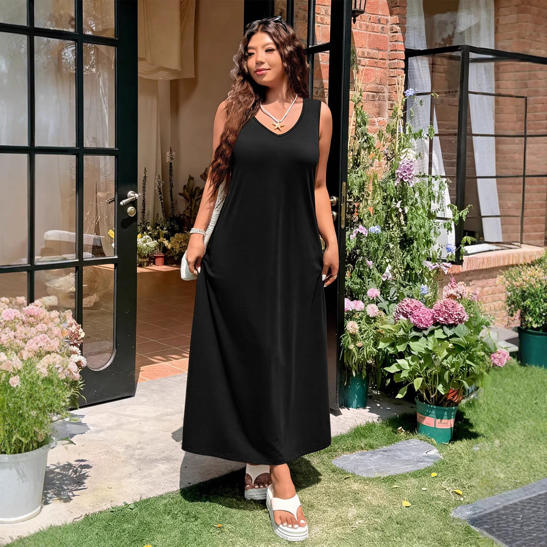 Damen luftiges Maxikleid mit V-Ausschnitt und seitlichem Schlitz Drune