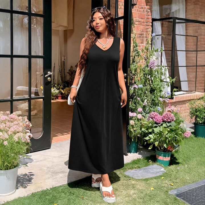 Damen luftiges Maxikleid mit V-Ausschnitt und seitlichem Schlitz Drune
