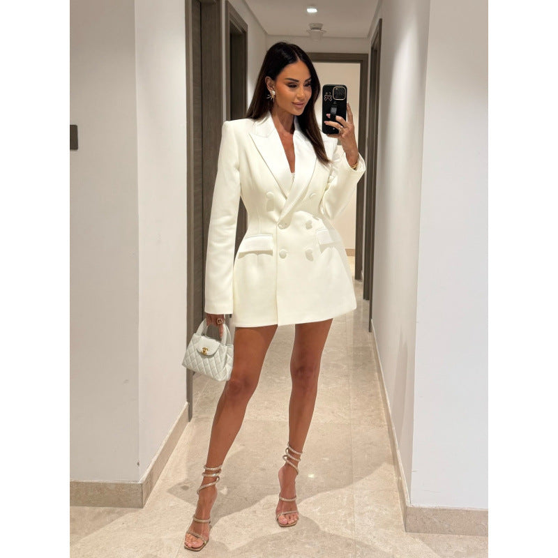 Damen Doppelreihiges Blazer-Kleid mit taillierter Silhouette und strukturierten Schultern Drune