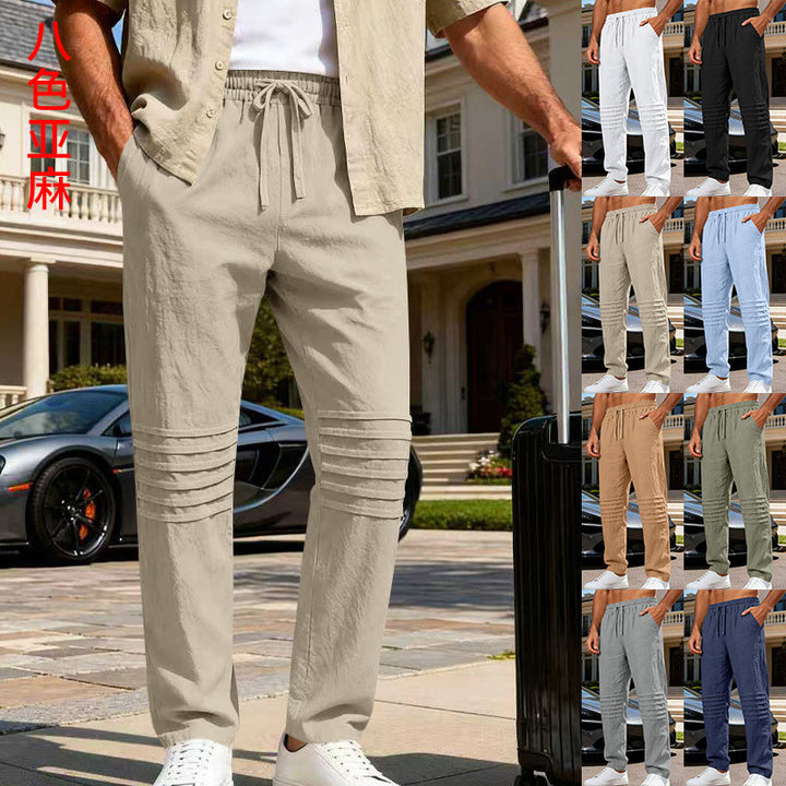 Herren Leinenoptik-Loungehose mit Tunnelzug elastischem Bund und abgesteppten Kniepanelen Drune