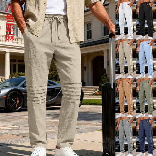 Herren Leinenoptik-Loungehose mit Tunnelzug elastischem Bund und abgesteppten Kniepanelen Drune