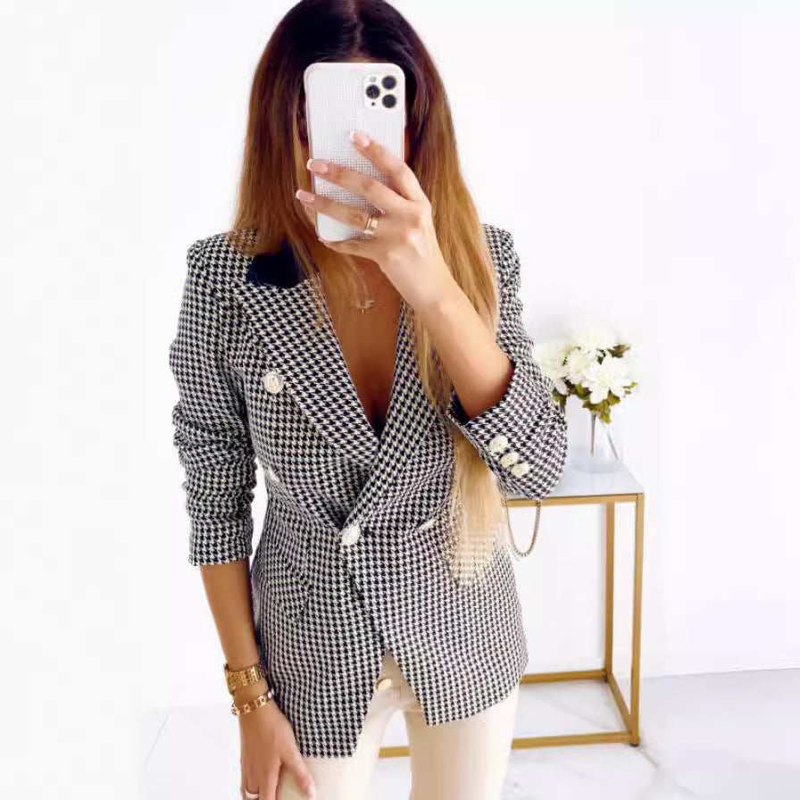 Damen Chic kariertes Blazerjackett mit doppelter Knopfreihe und taillierter Silhouette Drune