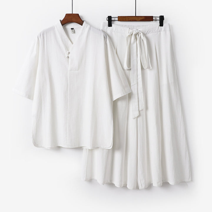 Unisex Zweiteiliges Kimono-Lounge-Set mit Stehkragen Kurzarmtop und weiter Bindbundhose Drune