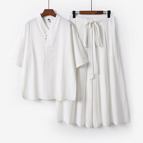 Unisex Zweiteiliges Kimono-Lounge-Set mit Stehkragen Kurzarmtop und weiter Bindbundhose Drune