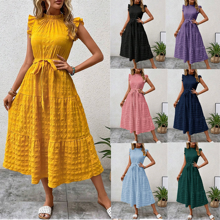Damen Midi-Kleid mit Rüschenärmeln und Taillengürtel Drune