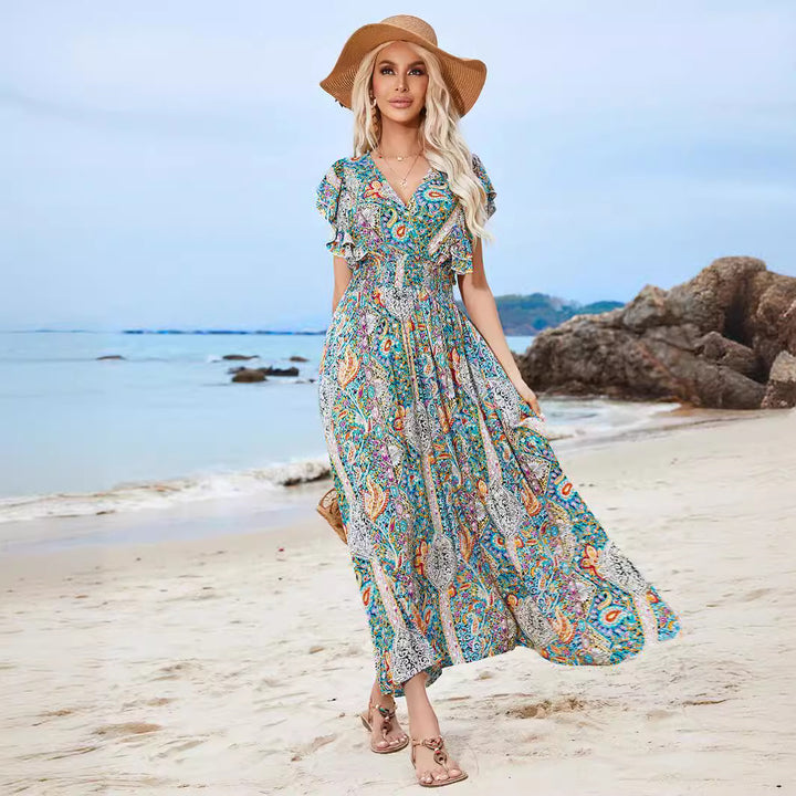 Damen Maxikleid mit verspieltem Mustermix und Rüschendetails Drune