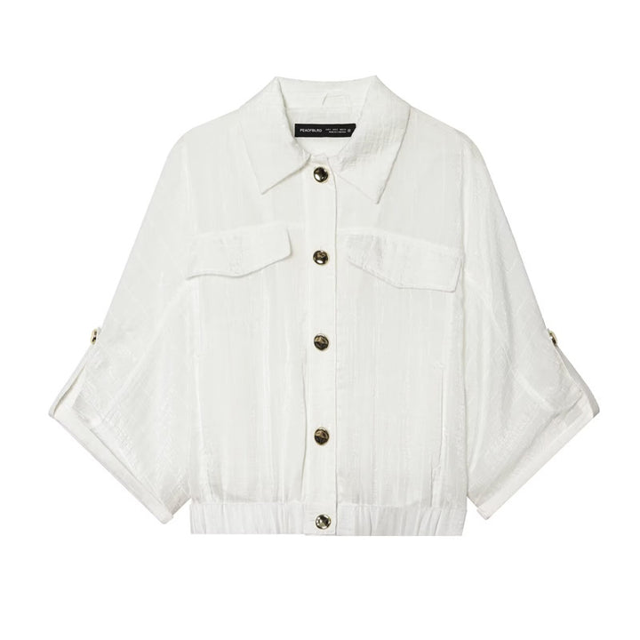 Damen kastige Overshirt-Jacke taillenkurz mit 3/4-Ärmeln und goldknöpfen Drune