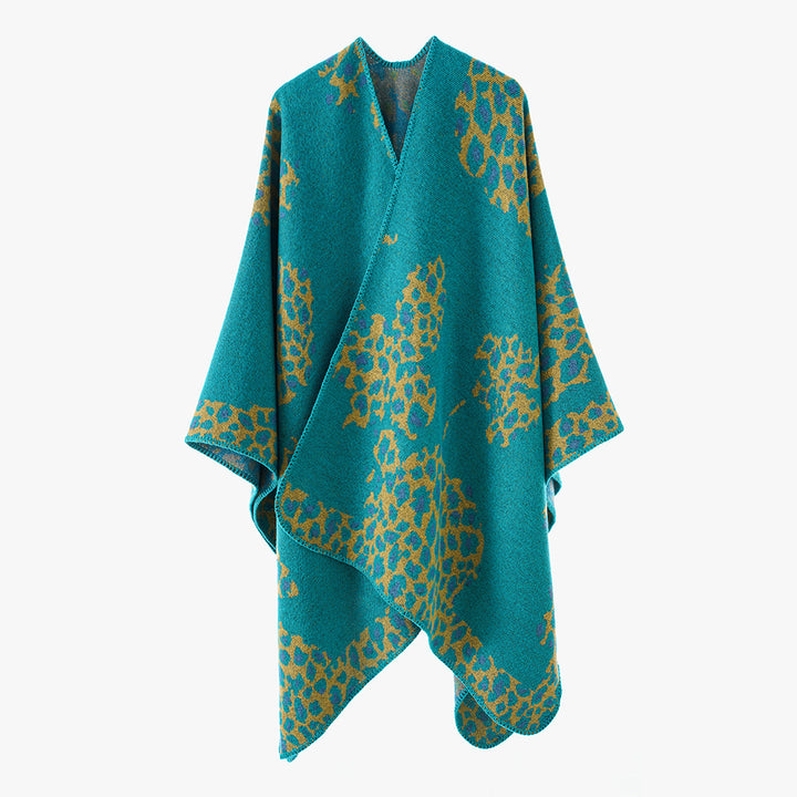 Damen Wolloptik-Überwurf mit gewebtem Leopard-Jacquard und offenem Zipfelrand Drune