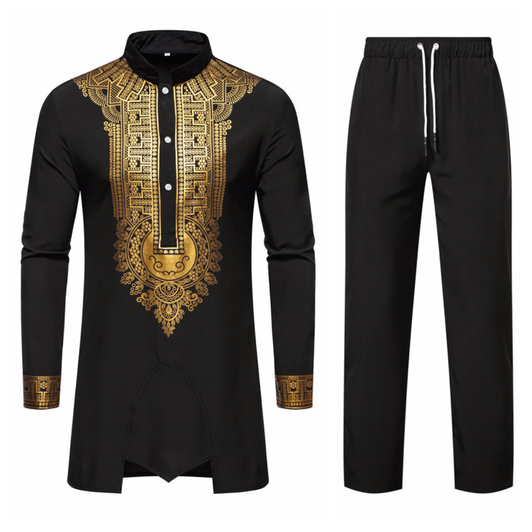 Herren Traditionelles Tunika-Set mit Stehkragen und goldfarbenem Ornamentdruck, Longshirt & Tunnelzughose Drune