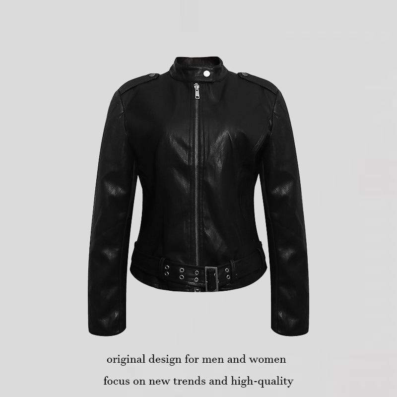Damen Taillierte Lederoptik-Jacke mit Stehkragen, Schulterklappen und Taillengürtel Drune