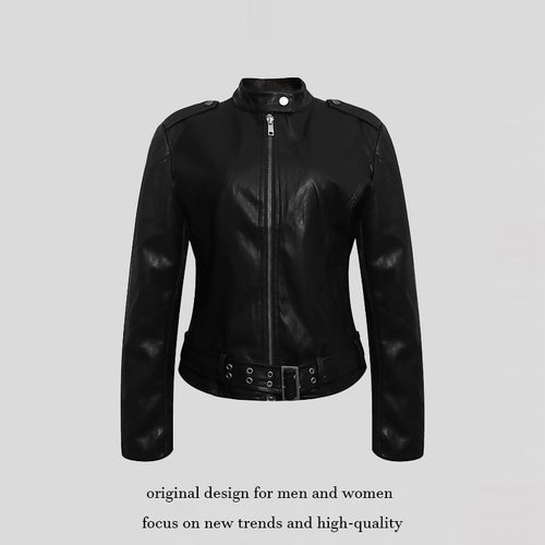 Damen Taillierte Lederoptik-Jacke mit Stehkragen, Schulterklappen und Taillengürtel Drune