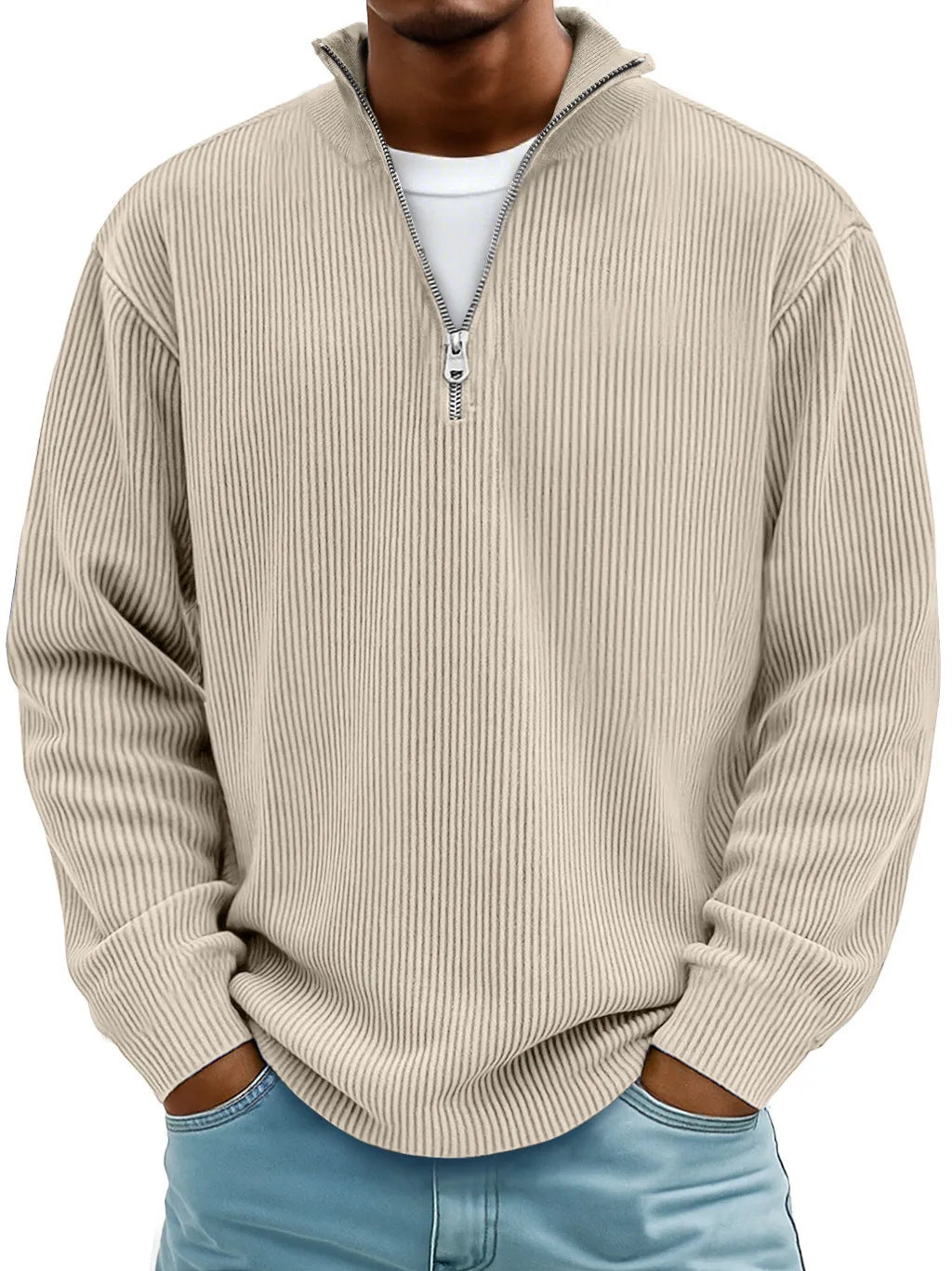 Herren nan gerippter Strickpullover mit halbem Reißverschluss und Stehkragen Drune