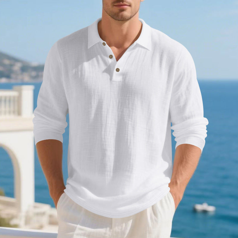 Herren nan Musselin-Langarm-Poloshirt mit Hemdkragen, kurzer Knopfleiste und natürlicher Knopfoptik Drune