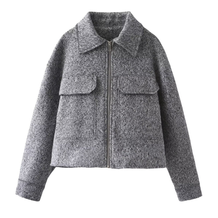 Damen Cropped-Hemdjacke aus Bouclé mit Boxy-Schnitt und Fronttaschen Drune