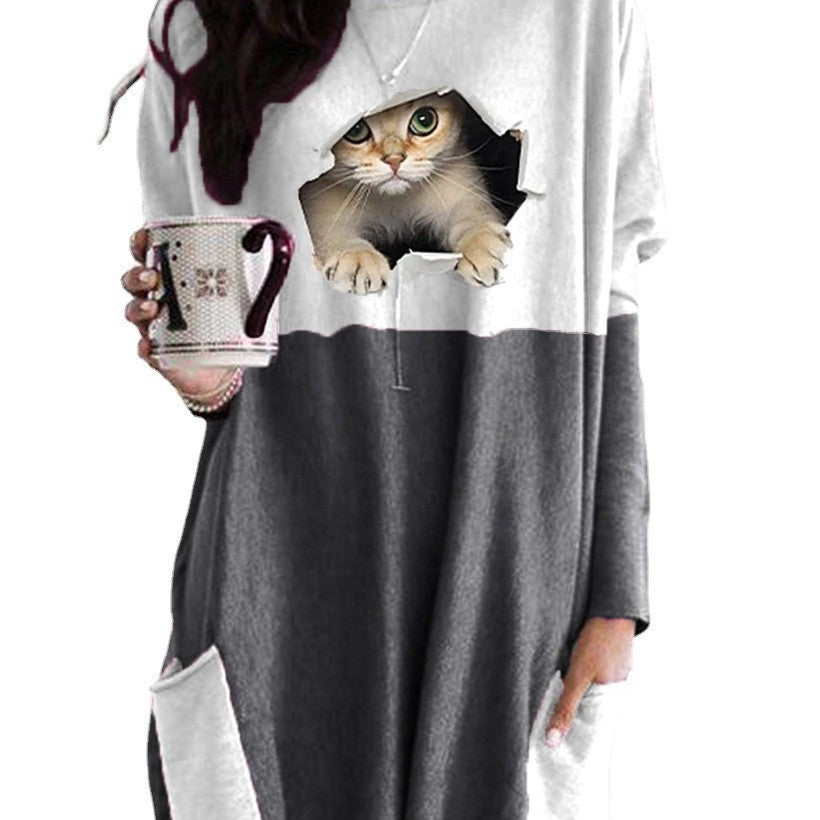 Frauen Längerer Colorblock Strickpullover mit Katzenmotiv und aufgesetzten Taschen Drune