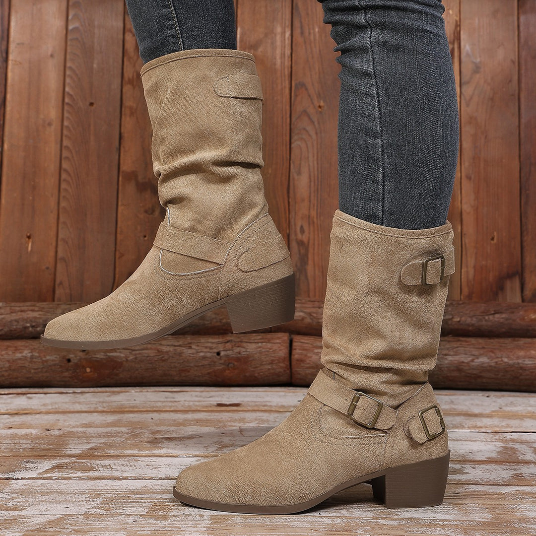Damen Stiefeletten mit mittelhohem Blockabsatz und lässigem Slouch-Schaft Drune