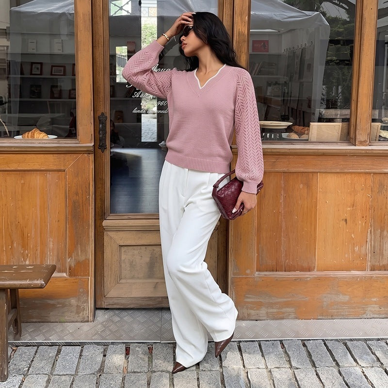 Damen V-Ausschnitt Strickpullover mit Jacquard-Muster Drune