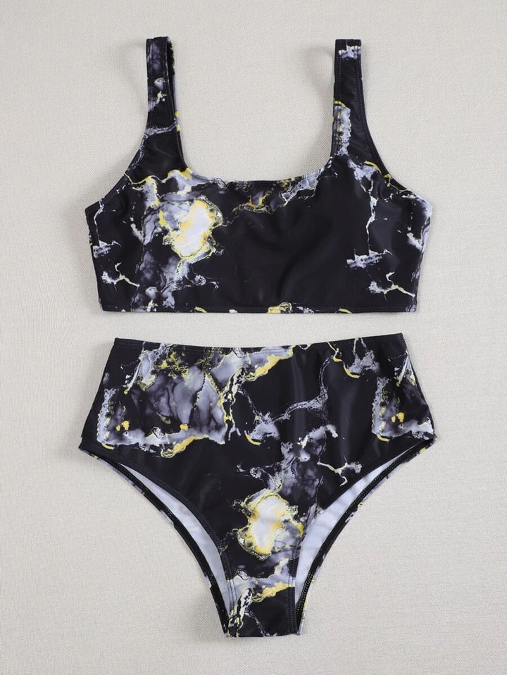 Damen Hoch geschnittenes Bikini-Set mit stylischem Marmor-Print Drune