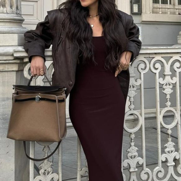 Damen stilvolle Kunstlederjacke mit Drapierung und taillierbarem Gürtel Drune