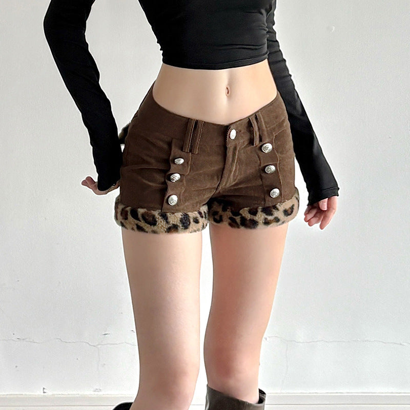 Damen modische Shorts aus Cord mit Kragenfransen und dekorativen Knöpfen Drune