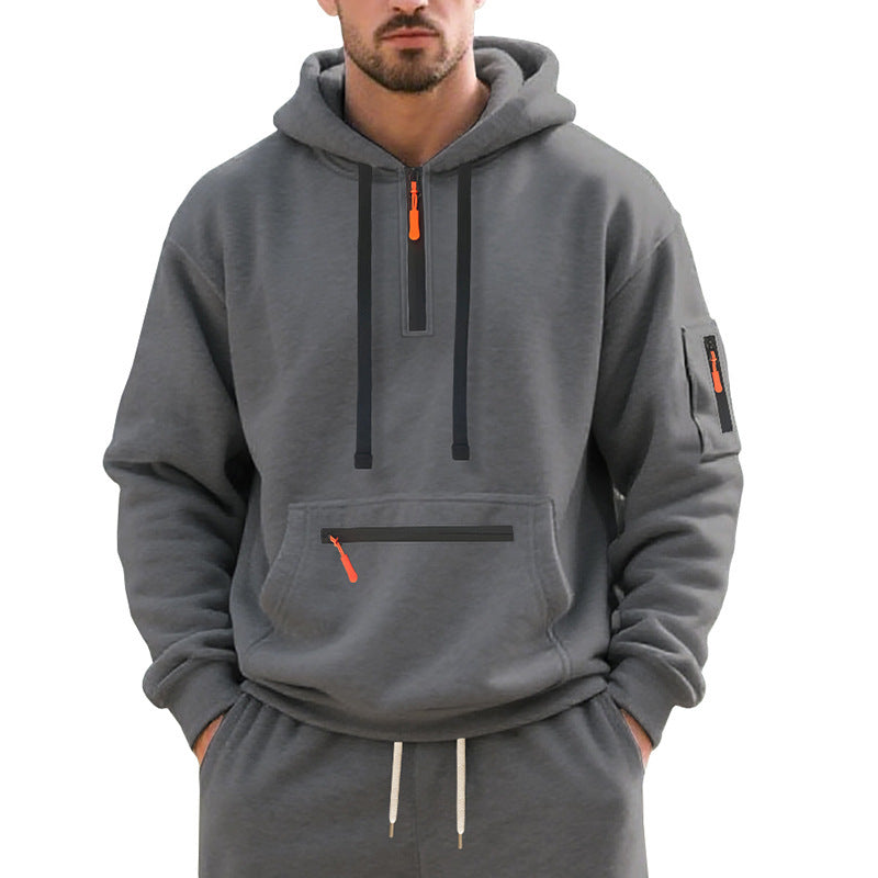 Herren Oversize-Kapuzenpullover mit halbem Reißverschluss, Kängurutasche mit Reißverschluss und Ärmel-Pocket Drune