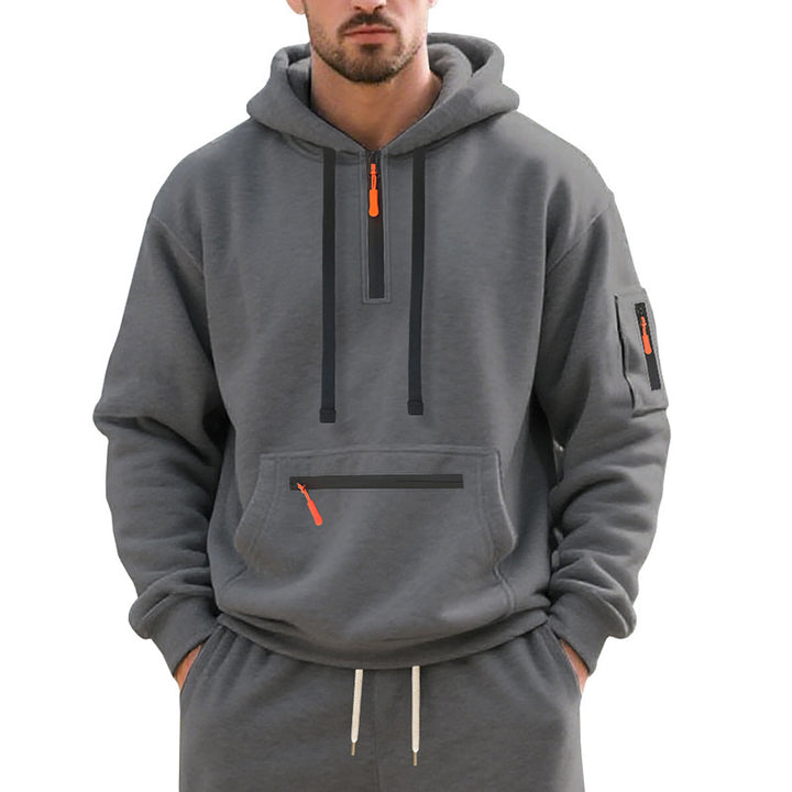 Herren Oversize-Kapuzenpullover mit halbem Reißverschluss, Kängurutasche mit Reißverschluss und Ärmel-Pocket Drune