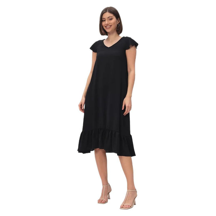 Damen Midi-Kleid mit modischem V-Ausschnitt und Rüschensaum Drune
