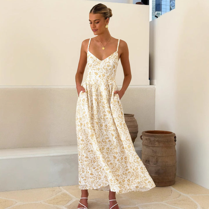 Damen Elegantes Maxikleid mit feinem floralen Muster und zarten Spaghettiträgern Drune
