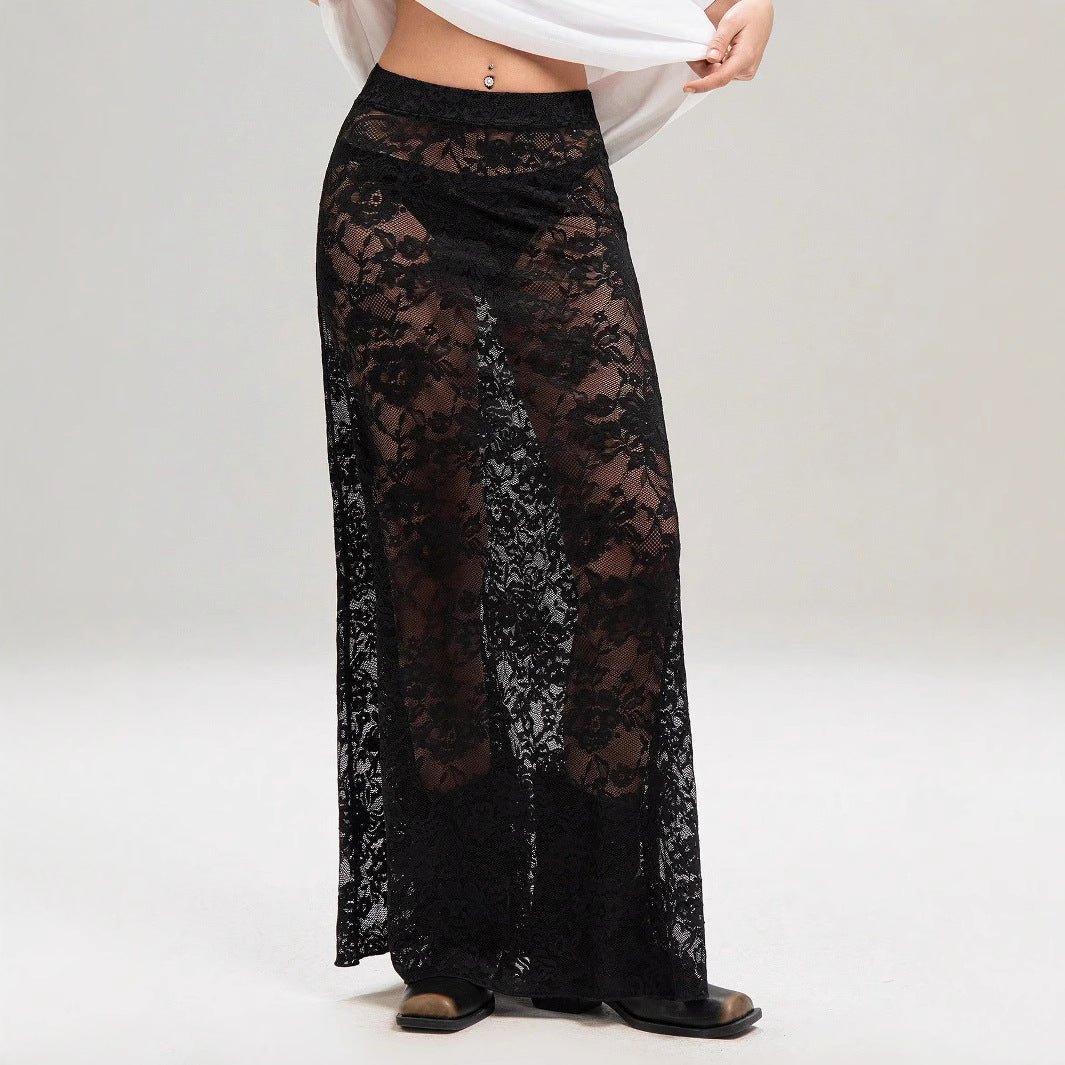 Damen nan weites Baumwollshirt und langer transparenter Spitzenrock Drune