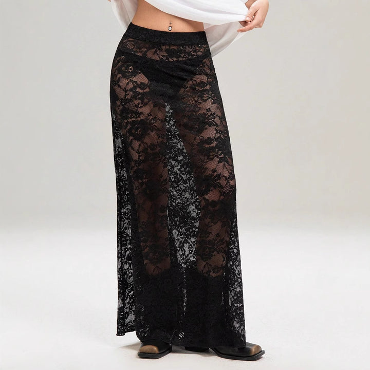 Damen nan weites Baumwollshirt und langer transparenter Spitzenrock Drune