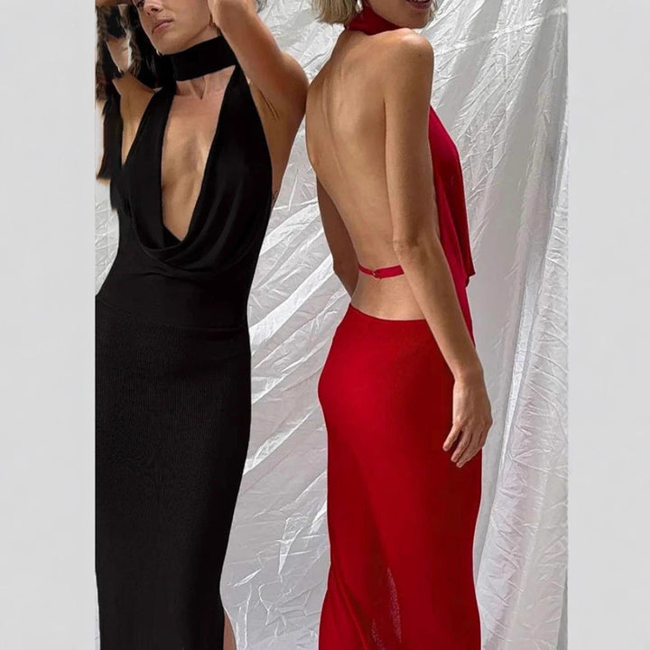 Damen Maxikleid mit elegantem Wasserfallausschnitt und figurbetontem Design Drune