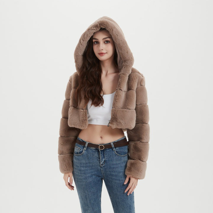Damen Cropped Kunstpelzjacke mit horizontaler Panelstruktur und Reißverschluss Drune