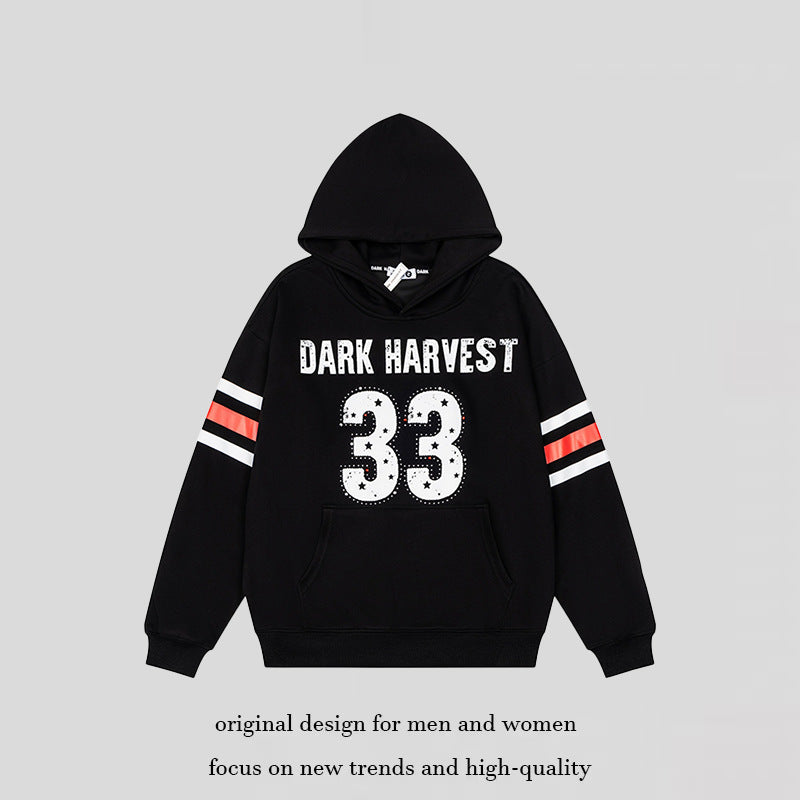 Damen Oversize-Kapuzenpullover mit Vintage‑Nummernprint, Nietenbesatz und Kontraststreifen an den Ärmeln Drune