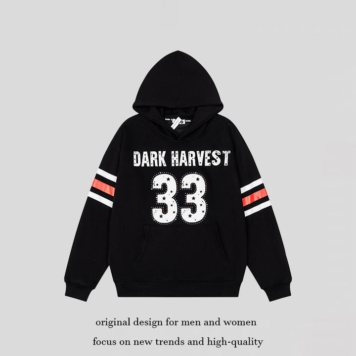 Damen Oversize-Kapuzenpullover mit Vintage‑Nummernprint, Nietenbesatz und Kontraststreifen an den Ärmeln Drune