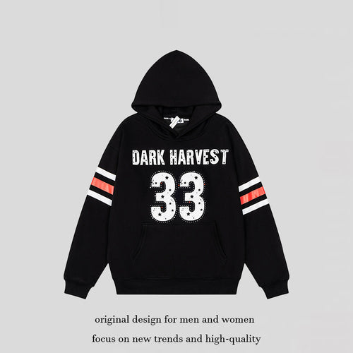 Damen Oversize-Kapuzenpullover mit Vintage‑Nummernprint, Nietenbesatz und Kontraststreifen an den Ärmeln Drune